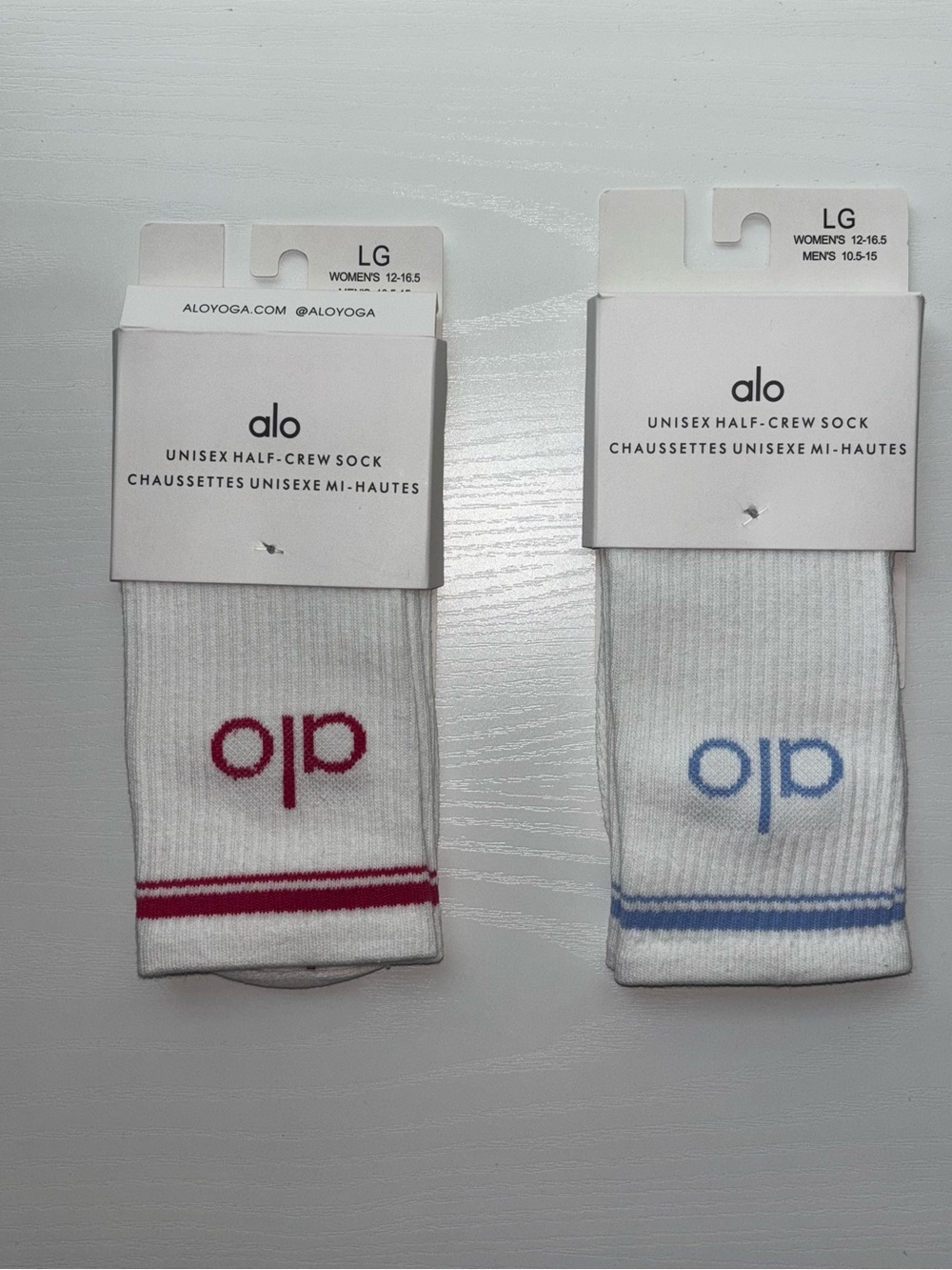 ALO Yoga Unisex Crew Socks - White with Pink & Blue Logos